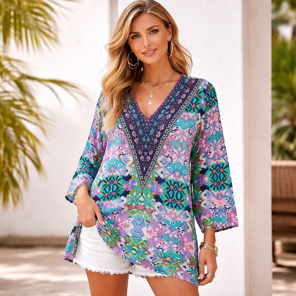 Tolani Womens 100% Silk V Neck 3/4 Sleeves Tunic Top Size Small Boho Artsy
